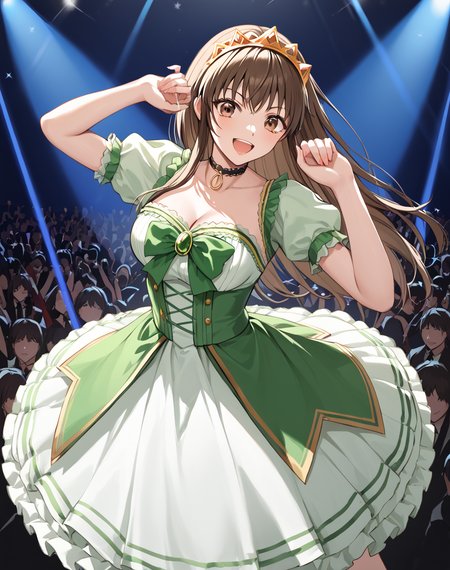 Megumi_oumi, brown eyes, brown hair, long hair, idol dress, tiara, choker BREAK indoors, concert BREAK looking at viewer, happy face,  shouting, open mouth, cowboy shot, dynamic pose,idol pose, dancing BREAK score_9, score_8_up, score_7_up, source_anime ,zPDXL, <lora:Megumi_Oumi:0.8>