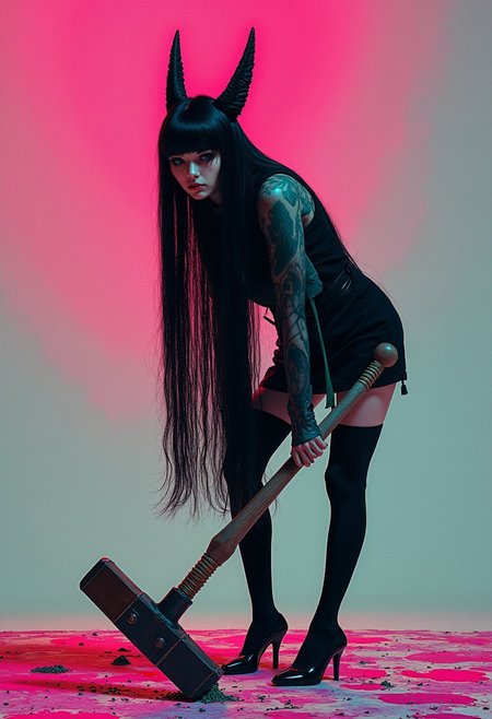 Japanese girl with long kitsune ears,long eyelashes, long black bob, face obscured by hair, high heels, black stockings, standing imposingly holding a sledgehammer, looking slightly down to the camera,psychedelic,in profile, front view, surrealism, pencils, fashion illustration, gradient magenta and teal background, avant-garde, vivid colors, filigrie, photorealistic rendering, mody chiaroscuro lighting