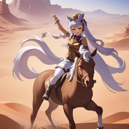 A masterpiece anime professional digital art of a uma musume girl GoldShip with a smirk, riding a horse in desert  <lora:goldship_xl-000040:1>