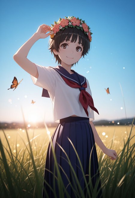 masterpiece,best quality,absurdres,highres,very aesthetic,high quality,detailed,insanely detailed,beautiful,perfect lighting, ,depth of field,blurry background,bokeh, looking at viewer, smile, grass, tall grass, blue sky, butterfly, standing
 <lora:Uiharu Kazari:1>1girl, short hair, black hair, brown eyes, head wreath, sakugawa school uniform, summer uniform, serafuku, sailor collar, red neckerchief, blue skirt, pleated skirt, long skirt