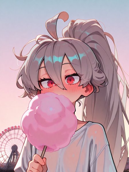 looking at viewer,1girl,Laev_sport,red eyes,hair between eyes,very long hair,ahoge,grey hair,eyes visible through hair,messy hair,blush,gradient background,ponytail,cotton candy,holding food,close-up,white shirt,oversized shirt,covered mouth,
masterpiece,absurdres,amazing quality,very aesthetic,newest,theme park,ferris wheel,
<lora:Laevateinn:0.9>,<lora:noobai_ep11_stabilizer_v0.96_fp16:0.8>,<lora:muds_ill:0.8>,<lora:HerrscherAGGA2025_TOONCITY_ST_V2:0.85>,TOONCITY_ST,<lora:HerrscherAGGA2025_CuteLag-IL_V2:0.8>,CuteLag_ST,<lora:outline_xl_kohaku_delta_spv5x:-1>,<lora:illustrious_niji_composite:0.8>,photo background,