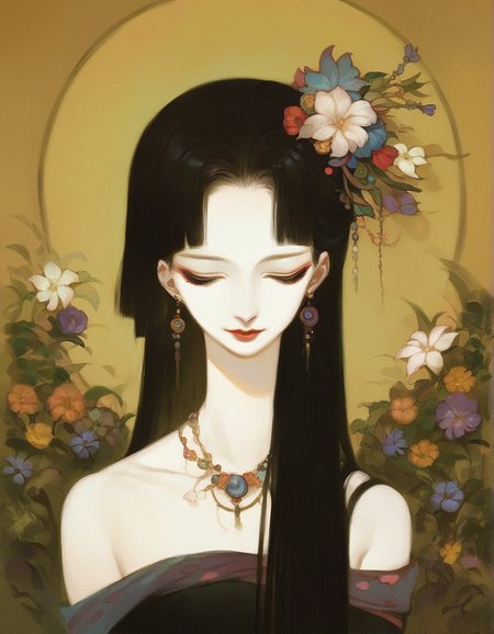 <lora:amano_yoshitaka_style_pony:0.9> score_9, score_8_up, score_7_up, score_6_up, 
 amano yoshitaka, 1girl, solo, flower, closed eyes, jewelry, long hair, necklace, makeup, hair ornament, lipstick, hair flower, upper body, earrings, bare shoulders, black hair, bug