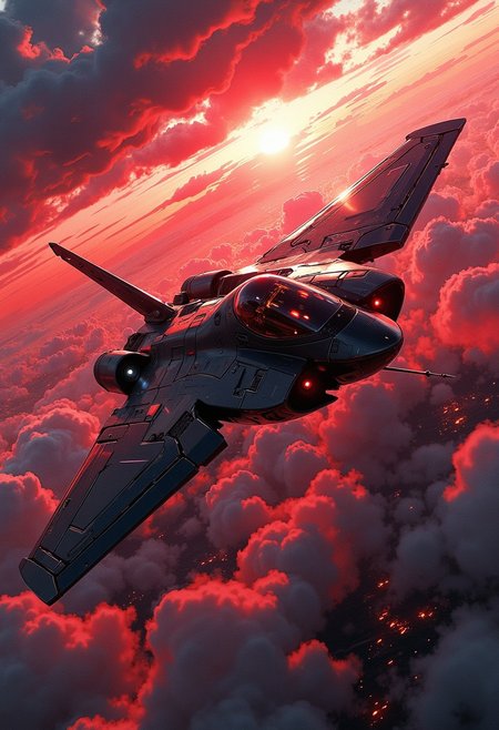 in the style of ck-mgs, A digital artwork in the style of cknc, a futuristic, highly advanced stealth fighter flying rapidly through the sky. The fuelage is made of a dark gunmetal alloy and  the cockpit shows glowing led lights, and has a large air intake.  The sky has dark clouds, and is a surreal red, sunset