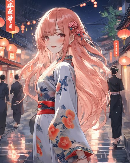 1girl, peach hair, long hair,    bangs,   china cheongsam hair ornaments loafers,  new street city midnight,
