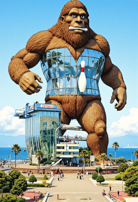 breathtaking illustration from adult comic book presenting of a massive glass scared bigfoot shaped novelty architecture building that is famous as a bowling alley in an oceanside fortress. . fabulous artwork. best quality, high resolution