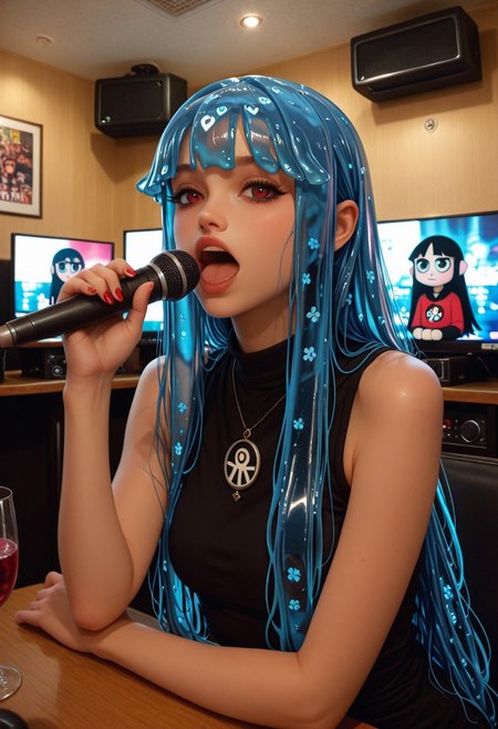 ultra-detailed,masterpiece, best quality, good quality, 8k,beautiful eyes, detailed eyes, detailed face, 
BREAK
hlbao, liquid hair, very long hair, blue hair, red eyes,
BREAK
j_karaoke, drinking_glass,monitor,microphone,table, Singing,
BREAK
Dark Theme,
BREAK
artist:moriimee,  <lora:MoriiMee_Gothic_Niji_Style_Illustrious_r1:0.6>, <lora:PowerPuffMixLora:0.5>,
BREAK