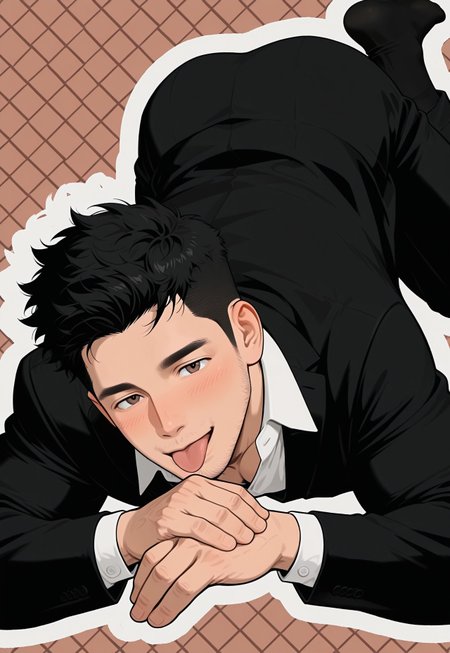 hu99y, flat color, 1boy, stubble, full body, flying, black_suit, white_shirt, open collar, black_socks, black_hair
 ,(sharpie background), colorful_background, 
,(eyelashes), blush, (mature), (perfect_brown_eyes:1.2), windy, dynamic shot, open mouth, lips, tongue out, (lick his hand:1.2)
,masterpiece, best quality, very aesthetic,absurdres,newest, highest detailed, windy, film grain, look at viewer, muted color, limited palette, handfixer