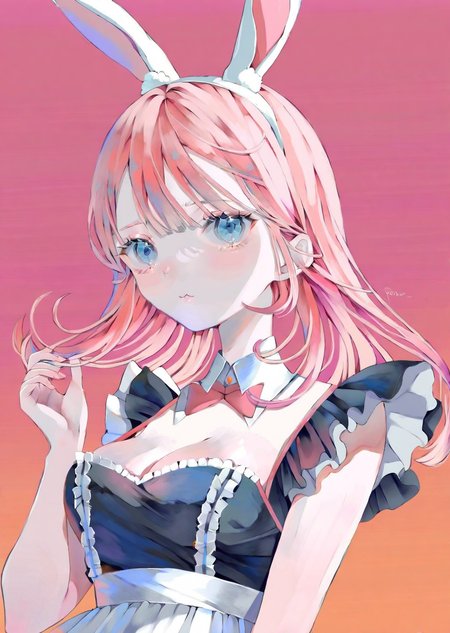 ,  by poire ,by yogisya 
1girl, bunny ears, bangs, cleavage, upper body pink perspective from below, maid anime cute gradient
masterpiece, best quality, high quality, highres, absurdres, very detailed, high resolution, sharp, sharp image, 8k, vivid, colorful, stunning, anime