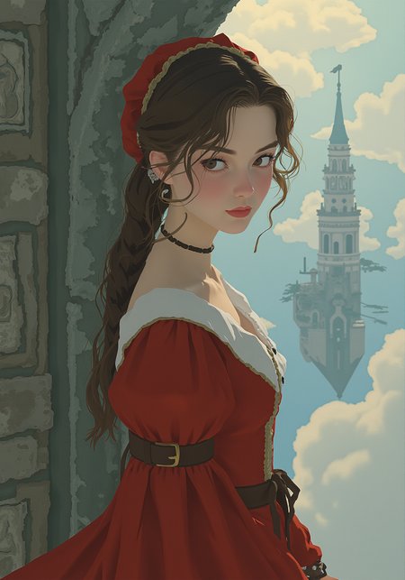 g00se art with smooth textureless style with muted pastel palette of a portrait of a young woman, medieval, occult detective, floating sky fortress, deciphering an ancient code<lora:g00se.safetensors:1.0:1.0>