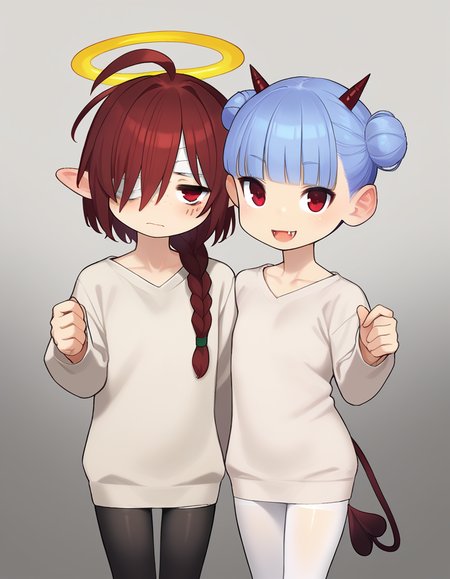 zPDXL, score_9, score_8_up, score_7_up, source_anime,  (portrait), <lora:Yomu_v1:1> y0mu, 2girls, multiple girls, <lora:Nullantwins:0.8>, baggy clothes, sweater, sweater dress,
Lynn, red hair, red eyes, (bandage over one eye, hair over one eye), braided ponytail, halo, freckles, bags under eyes, jitome, ahoge, pointed ears, flat chest, black pantyhose, 
Zhuu, blue hair, red eyes, pointy ears, fangs, large fangs, red horns, demon tail, flat chest, (double bun), white pantyhose,