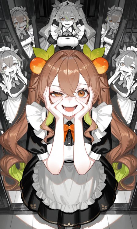 masterpiece,best quality,absurdres,very aesthetic,very awa,highres,newest,year 2024,year 2023,<lora:xmc_v0.3_noobai_cwhj_946906:0.8>,<lora:illustrious_best_quality_v1_1021798:0.8>,<lora:add-detail-xl:0.9>,<lora:Periru_Vtuber_1503428:0.7>,PeriruILXL,virtual youtuber,multicolored hair,brown hair,green hair,hair ornament,food-themed hair ornament,brown eyes,hair between eyes,detailed,best eyes,best hands,(varied sexual poses:1.3),very long hair,
masterpiece,best quality,amazing quality,very aesthetic,anke,ciloranko,reoen,akizero1510,soono (rlagpfl),1girl,solo,standing,Hands on the face peeking through fingers,looking at viewer,from above,maid,open mouth,saliva,crazy smile,uneven eyes,(multiple_monochrome:1.2, black_white),grayscale,pale_skin,faux traditional media,watercolor,impasto,