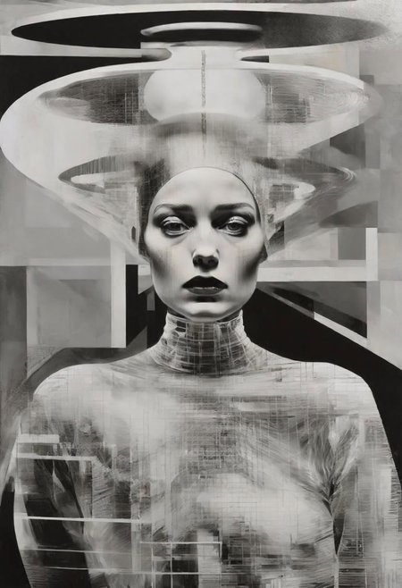 Monochrome black and white, Dali, Magritte, Delvaux, Bellmer, Malevitch, Rodchenko, Mondrian, Kandinsky, Popovna, psychedelic hallucination, pop surrealism, rough crosshatch drawing pop art Lunatic_Portrait of a young girl in latex, slick back, low bun, black makeup, sinister expression, intense glare, avant-garde, abstract, weird, geometric, constructivism, suprematism, rayonism, verticism, lineism, tj