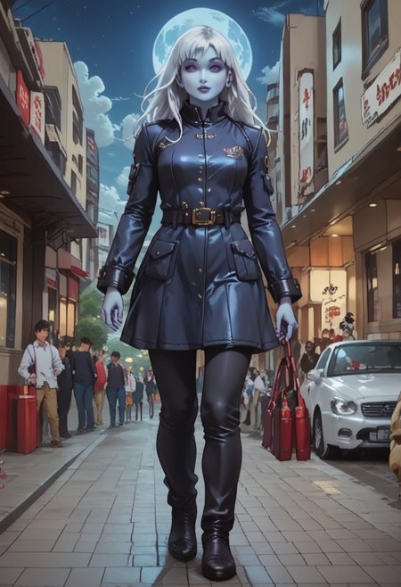 ASCII score_9, score_8_up, score_7_up, 1girl, Cowboy Shot, Full Body Visual, Depth of Field,
BREAK
static_pf, 1girl, white hair, purple eyes, blue skin,
BREAK
DARK SAKURA BODYSUIT,
BREAK
night, full moon, clouds, stars, 
BREAK
standing in the streets of a modern City, Metropolis, paiyama, tree, real world location, scenery, outdoors, building, road, street, city,
BREAK
Expressiveh, masterpiece, volumetric lighting, cinematic lighting,