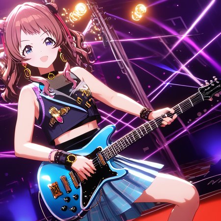 1girl, ((cinematic light)), ultra-detailed,colorful, hyper detail, dramatic light, intricate details, best quality, (detailed background:1.4), (hyper detail,beautiful detailed face, beautiful detailed eyes), high contrast, (best illumination, an extremely delicate and beautiful),(girl:1.5), solo,  electric guitar, guitar, headphones, holding, holding plectrum, instrument,music, one side up,shiny skin,  girl playing an electric guitar,singing with a guitar on stage,stage lights,masterpiece, pleated skirt,miniskirt plaid skirt ,black Over the Knee,  indoors ((caustic)), dynamic angle,beautiful detailed glow,  one side up,solo focus, Gakuen Idolmaster,Hanami Saki, <lora:saki.pony:1>