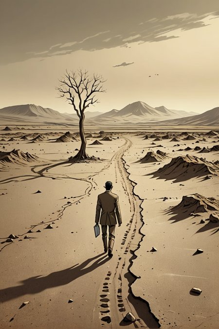 (absurd caricature), A solitary figure, wandering through a desolate landscape.
