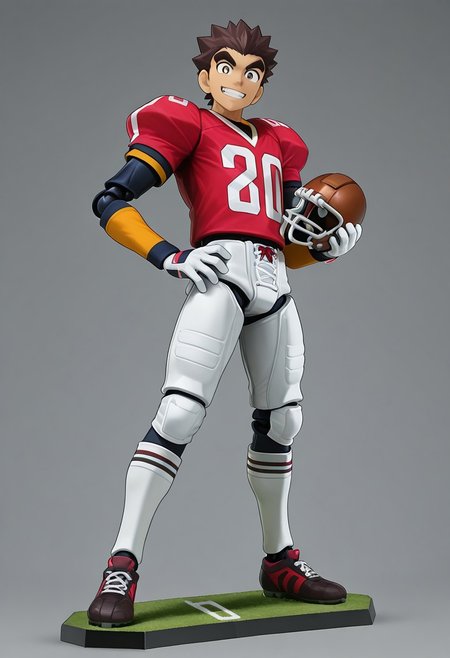 figma, figure anime style, PVC, Yaoi figure PVC, PVC boy, PVC texture, male, High Quality, perfect anatomy, HD, anime style, break
TAROU RAIMON, 1boy, solo, alone, brown hair,  thick eyebrows, dark brown eyes, athletic build, smiling, posing, looking at viewer, football uniform, tight uniform, red and white uniform,