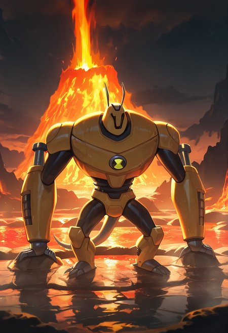 masterpiece, best quality, amazing quality, very aesthetic, absurdres, newest,, detailed background, 
armadrillo, robot, claws, yellow armor, grey tail, antennae, no eyes,  massive arms, yellow helmet, mecha, short legs,
volcano, lava pool, hands on rocks, onsen,reflective lava, arms rest