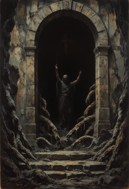 An oil painting of a stone doorway leading to a dark room. Many hands reach out from within the room, grasping at the viewer. A depiction of the grim reaper stands in the darkness. 
The painting is a representation of depression