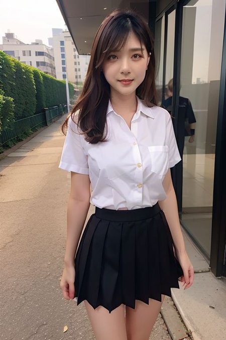 vanessa, kghsv3, black skirt, breast pocket, pleated skirt, school uniform, white shirt, shirt tucked in, short sleeves,