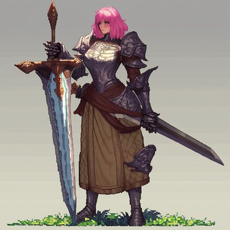 score_9, score_8_up, score_7_up, source_anime, fine sketch, manga style, vibrant pixel art, detailed pixel art, (1girl), pink hair, {blush}, med hair, bangs, a medieval peasant, wearing a (long heavy tunic with a hood), and light armor, highly detailed, full body illustration, milf, mature female, late 30s, midwife, proud, warrior, adventurer, heroin, grabbing the handle of a, (giant_sword), (resting stance), wide shoulders, (muscular:1.2), (tall height), busty, gauntlets, (armor tasset's:1.1), leaning right, looking to the right, epic composition, dark fantasy,  a foggy and mysterious scene, dark fantasy aesthetic, dead trees in the background, with insanely intricate details and textures, ashes, gloomy dramatic lighting, perspective, dynamic, foreshortening