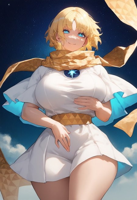 (score_9, score_8_up, score_7_up, perfect, high quality, best quality, ultra-detailed, very aesthetic, illustration, perfect composition, intricate details, absurdres, high res image, masterpiece, vibrant colors, beautiful face, detailed face, 1girl, solo focus, perfect eyes, detailed eyes, perfect hands), female, voyager, blonde hair, short hair, bangs, parted bangs, blue eyes, bright pupils, pale skin, thick thighs, (venus body, perfect body, large breasts), curvy body, huge hips, (baggy clothes, star (symbol), yellow scarf, scarf, short sleeves, tunic), (smiling, slight blush, looking at viewer), (sky, starry background, space)