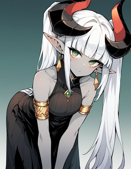 score_9, score_8_up, score_7_up, score_6_up, sigamastyle, 
1girl, solo, long hair, bangs, green eyes, pointy ears, horns, twintails, blunt bangs, colored skin, grey skin, white hair, very long hair, jewelry, earrings, bare shoulders, black dress, sleeveless dress, armlet, leaning forward, head tilt, blush,
<lora:sigama_style_v1:1>