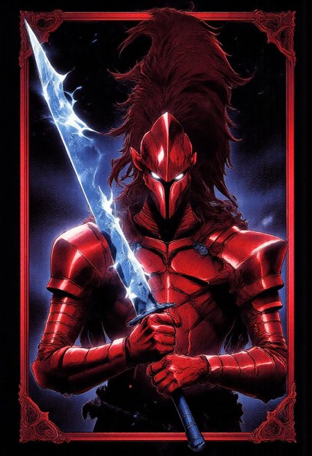 A design of a knight in red armor holding a large blue glowing sword at his side on a black background. It is bordered by a red ornate medieval frame. (Uncropped), (in frame), BRSH, !gris imposing presence, powerful aura, cowboy shot