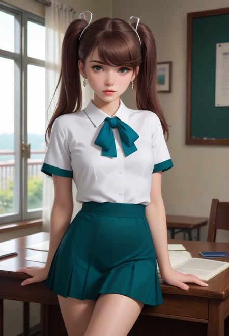 cowboy shot, view legs, sitting on the desk, 
score_9, score_8_up, score_7_up, (masterpiece, Highest quality:1.4), (beautiful, beautiful, perfection, delicate, Complex:1.2),(Depth of written border:1.2), Realistic Face:1.1, hand,
1Girl, 
(petite:1.2)
nanase_under_night_in-birth, twintails, brown_hair, green_eyes, long_hair, hair_ribbon, school_uniform, pleated_skirt, short_sleeves, green_skirt
, earrings, lips,
, 
break, 
School, faculty room, desks, chairs, , cowboy shot, view legs, standing, 
An appearance of worry, melancholy, view from side, anatomically correct,