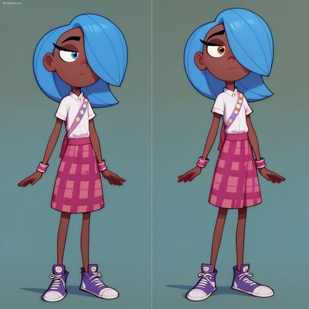 score_9, score_8_up, score_7_up, score_6_up, score_5_up, score_4_up, 1girl, solo,
Erin_Cc, brown skin, one amber eye, one blue eye, medium length blue hair, hair covering one eye, black eyebrows, black eyelashes, Her nose is pointed and upturned, Scout uniform, white short-sleeved shirt, pink cuffs, pink sash  with badges,  pink flannel skirt,  dark-purple and white sneakers