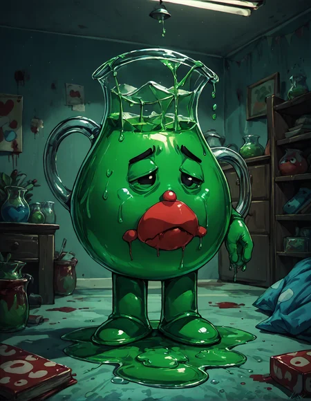 score_9, score_8_up, score_7_up,
k00l41d, mascot, anthropomorphic glass pitcher, filled with juice,  (green juice:1.2), sad, frowning, sick,
indoors, dark,
<lora:kool-aid_man-Pony-v3:0.85>