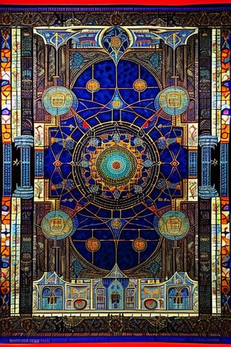 Abstract Tabriz rug in Daniel Richter + Piet Mondrian style, transgressive vision, metallic industrial paint, opulent and fantastical imagery, mosaic purple halo, vivid hallucination, extremely bright, splendid, linear perspective, continuous immersive atmosphere, immersive art, mesmerizing perfection, crimson red, lapis lazuli blue, coffee brown, black corners, black frame, this piece should reflect the diverse aesthetics of the artists in the collective: Raqib Shaw + Daniel Richter + Piet Mondrian, ths_tapestry, FixedStars, pureerosface_v1