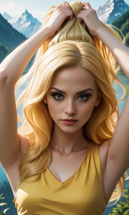 score_9, score_8_up, score_7_up, score_6_up, (front view)+++ , slim girl at a mountain lake , holds hair , mkpotail , yellow short dress  , long blonde hair    <lora:MakePonytailPony-000005:1>