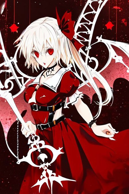 flandre_scarlet_(koumajou_densetsu), wh1te, wings, choker, white chain, bat wings, o-ring, garter belt, skull, harness, bondage harness, body harness, breasts,