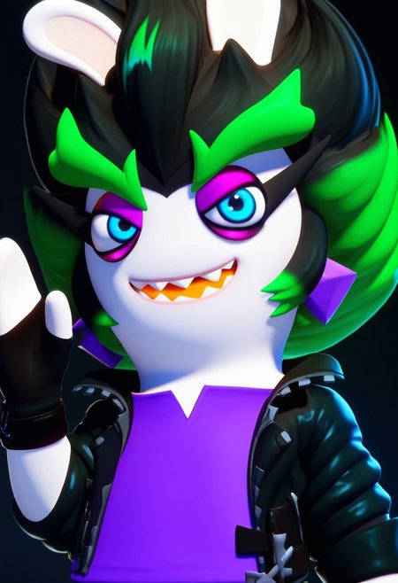 score_9, score_8_up, score_7_up, solo, Expressiveh, (EdgeMR, punk, female rabbit, furry, anthro, rabbit ears, black hair, green hair, two tone hair, green eyebrows, thick eyebrows, white body, white fur, fingerless gloves, purple shirt, black jacket, black shoes, purple earrings, purple eyeshadow, blue eyes, sharp teeth), MRstyle, cowboy shot, (waving), looking at viewer, smile, open mouth, close-up, black background, simple background, 4k, masterpiece, best quality, highly detailed, realistic