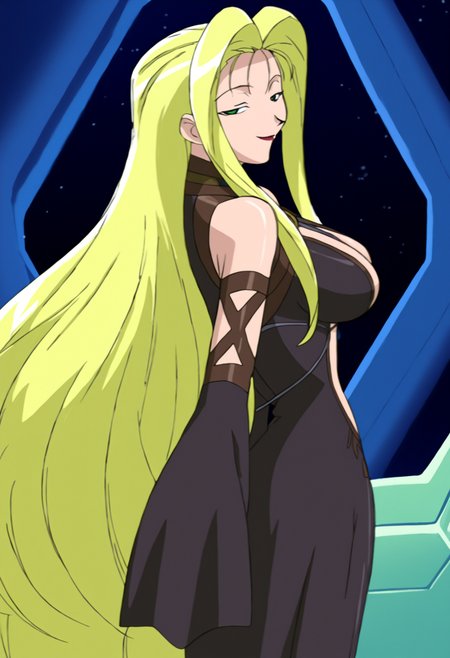 high quality, newest, hires, 
1girl, jbe, solo,green eyes, looking at viewer, half-closed eyes,  lipstick, smile, jbe outfit, long hair, breasts, blonde hair, large breasts,very long hair,  detached sleeves,  indoors, space, from, behind,