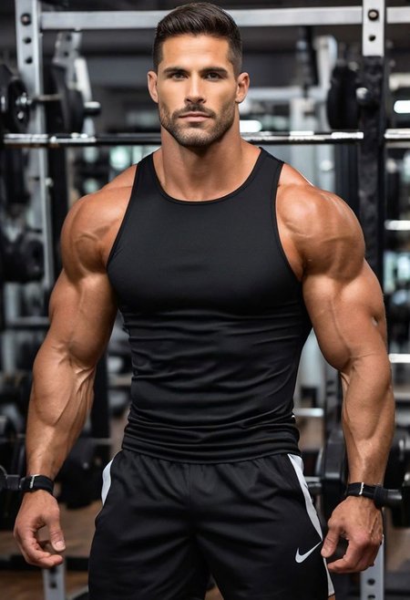 adonismale, handsome 1man, square face, strong jawline, full lips, light eyes, very muscular, pectorals, beefy muscle, black exercise shirt, black workout shorts, (bulge:1.1), strong legs, luxurious weightlifting gym background, detailed background, ultra detailed, ultra realistic, masterpiece, best quality, detailed face