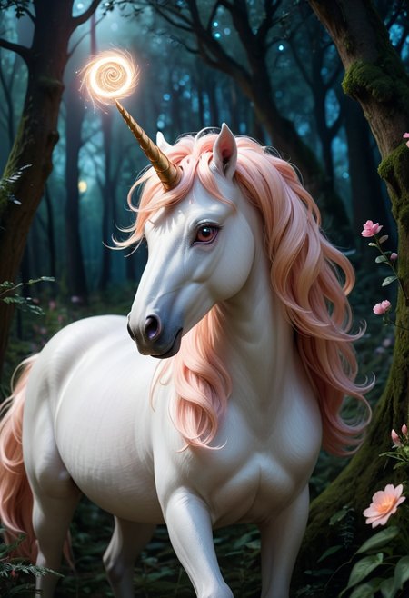 (medium full shot) of (pure ethereal unicorn), hazel eyes, soft peach shimmering coat, spiral horn, silky mane, magical rune markings delicate flowers, set in  a vibrant enchanted forest, featuring glowing flora, curious wildlife, a lively ambiance, under the moonlight, ,Masterpiece,best quality, raw photo, realistic, very aesthetic