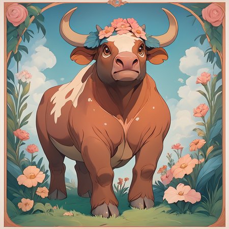 score_9, score_8_up, score_7_up, score_6_up, BREAK <lora:Disney_NouveauPony:1> ArsMJStyle, Disney Nouveau, The image shows a painting of a bull with horns and flowers on its head surrounded by a frame of plants and flowers., no humans, flower, horns, solo, pokemon (creature), grass, full body, standing, border, brown eyes