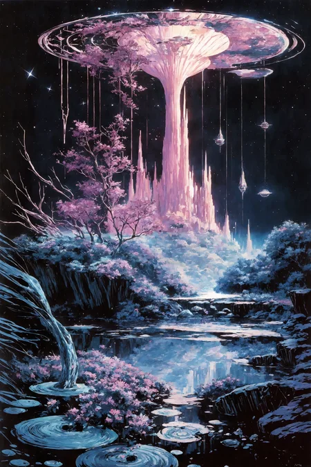 space planet, sun, moon, stars, (big rocks:0.9), (ripples, reflections:0.9), spatial futuristic castle, (small river pond:0.8), space forest, (space village:1.2), (stunning nature aquatic environment:0.8), spaceship, (unknown exotic land:0.9),) (nice alien civilization),  (beautiful space fantasy scifi futuristic landscape:0.9, (very detailed:1.2), (best quality:1.2), sharp focus, high contrast, cinematic lights, backlight, shadows, (lens flare:0.4), (vibrant colors, colorful):0.7, (Knockout Pink flowers:0.9) and leaves, <lora:Detail Tweaker LoRA add_detail:0.8><lora:depth_of_field_slider_v1:5>  <lora:SDXLrender_v2.0:0.9> <lora:1970RetroFuturism:0.3> 1970retrofuturism