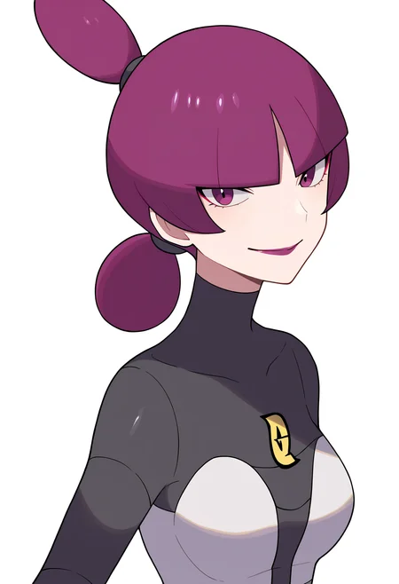 masterpiece, best quality, very aesthetic, absurdres,
1girl, jupiter \(pokemon\), purple hair, blunt bangs, hair tie, makeup, purple eyes, lipstick, 
bodysuit,
upper body, smile,
looking at viewer, solo, simple background, white background,  <lora:JupiterNoobXL_byKonan:1>
