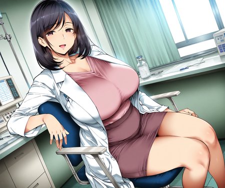 masterpiece, best quality, amazing quality, sfw, 1girl, solo, shirt,  lab coat, skirt, medium hair, hospital,  smile, open mouth,  looking at viewer, black hair,  mature female, sitting on chair  <lora:Ashiomi Masato style ILL-v2:1> ashiomimasato