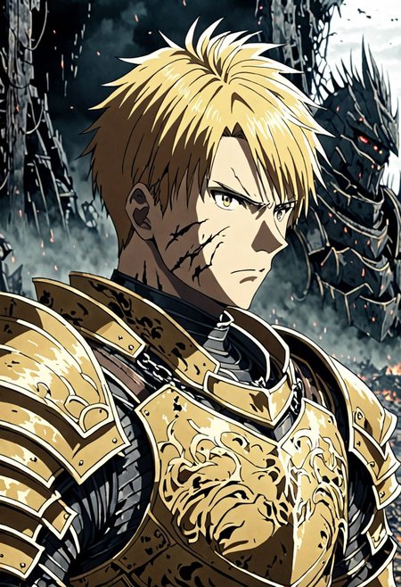 high resolution, solo, best quality, 1Boy, Yamato Ishida, Blond Hair, Necklace, dystopia, serious looking, armor, fantasy, OverallDetail