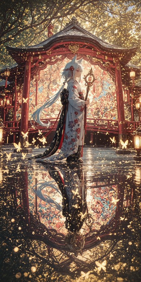 1girl, solo,animal ears, wolf ears, fluffy white ears, white hair, silver hair, complex braided hair, {many colorful flowers in hair}, floral hair ornaments, red eyes, serene expression, wearing {highly detailed fantasy kimono}, white kimono, {intricate colorful floral patterns}, {oversized 3D flowers on kimono}, suzu bells attached to outfit, {many floating colorful ribbons}, flowing fabric, tassels, gold trim, layered clothes, holding {ceremonial staff with suzu bells}, butterflies, glowing butterflies, colorful butterflies surrounding her, standing on a {red traditional japanese bridge}, {vibrant fantasy east asian architecture in background}, temple garden, shrine setting, pond with water reflections, lush greenery, festival banners, traditional lanterns, {extremely vibrant colors}, magical atmosphere, dynamic composition, view from side, looking away  <lora:HandFixer_pdxl_Incrs_v1:0.5> <lora:None:1.0> <lora:deadpuritySDXLvpred10-step00002300:0.30000000000000004> <lora:Kantoku_Style_for_Illustrious:0.8000000000000002> <lora:banpaiAkiraOSXL_NBVP1_lokr_V6311P:0.30000000000000004> <lora:WSSKX_WAI:0.30000000000000004> <lora:Aura_Phantasy&Shiiro's_Styles-Illustrious:0.30000000000000004> <lora:åå¡ã__ATNR_STYLE-Illustrious:0.05000000000000001> <lora:r17329_illuu:0.05000000000000001> <lora:il_saturation_slider_d1:-0.5000000000000001> <lora:il_color_temp_slider_d1:-1.0000000000000002>