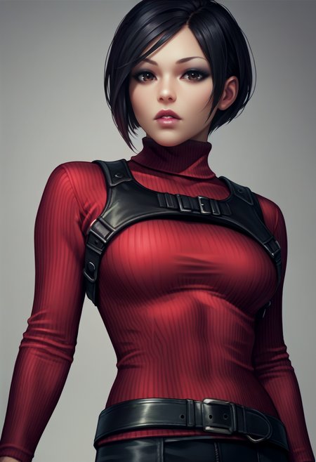 score_9, score_8_up, score_7_up, source_anime, realistic, BREAK 1girl, solo, lips, lipstick, eyeliner, makeup, parted lips, <lora:adawong-re-richy-v1_pdxl:1> adasweater, black hair, short hair, black eyes, red sweater, turtleneck, harness, pantyhose, black gloves, belt