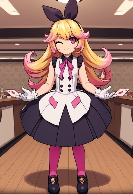 score_4,score_5,score_6,score_7_up,score_8_up,score_9
((masterpiece,best quality,ultra detailed,highres,HD,4k:1.2)),
1girl,solo,
dark pink eyes, blonde hair, long hair, hairband, ribbon, multicolored hair, pink hair tips, bangs, ribbon on clothes, pink pantyhose, white gloves, gloves, sleeveless dress, frilly dress, black footwear, black shoes,
standing,Indoors, luxurious interiors,holding a playing card, smile, wink,