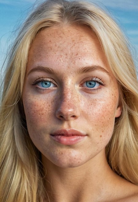 Amazing iPhone photo of a beautiful blonde Swedish girl, Instagram selfie, dynamic, nudist, very pretty, beautiful face, brilliant blue eyes, detailed iris, perfectly round pupil, friendly and approachable face, long face, pointy chin, innocent looks, thick, thick hips, thick thighs, highly detailed skin, freckles,  (freckles and moles:0.5), (young:1.4), low light, beautiful sky, soft natural light, 8k resolution, masterpiece, sharp focus