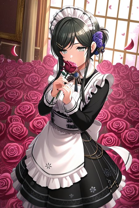 masterpiece, best quality, amazing quality,
 <lora:Tsubaki_IL:1> tsubaki, 1girl, flower, rose, holding flower, petals, solo, maid headdress, apron, holding, maid, black hair, hair ornament, hair flower, white apron, grey eyes, swept bangs, frills
