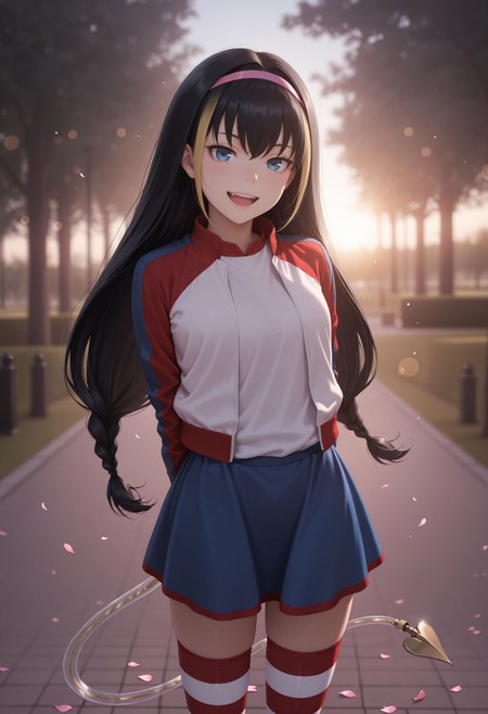masterpiece,best quality,absurdres,highres,very aesthetic,high quality,detailed,insanely detailed,beautiful,perfect lighting, ,depth of field,blurry background,bokeh, looking at viewer, very aesthetic, , very awa , arms on back, standing, cowboy shot, park, smile, open mouth, petals,, 
 <lora:Lessar illu:1> 1girl, black hair, multicolored hair, two-tone hair, long hair, twin braids, braid, pink hairband, blue eyes, jacket, multicolored clothes, striped clothes, black gloves, blue skirt, striped thighhighs, zettai ryouiki, mechanical tail, demon tail