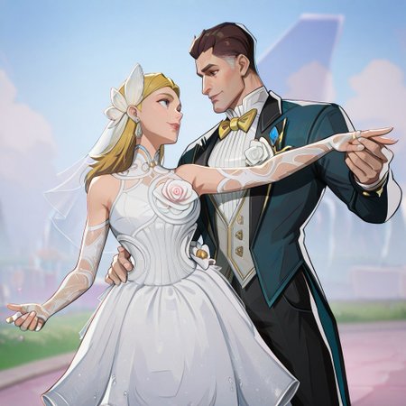 masterpiece, best quality, newest, absurdres, highres, anime, anime style, duo, duo focus, husband and wife, couple, w4ltz, holding hands, dancing, looking at another, 1boy, ReedRichards-Lifefantasticskin-V1.0, suit, formal clothes, bowtie, brown hair, brown eyes, flower, shrt hair, pants, yellow bowtie, 1girl, SueStorm-Lifefantasticskin-V1.0,
wedding dress, wedding veil, veil, white dress, short dress, blonde, bare shoulders, blue eyes, flower, jewelry, long hair, earrings, long hair, high heels,