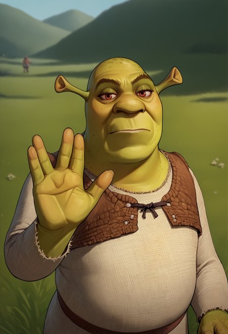 score_9, score_8_up, score_7_up, score_6_up, score_5_up, shrek<lora:Shrek_XLPD>,
on a field.hand up,
vulcansalute hand gesture<lora:VulcansalutePonyV1-000035>